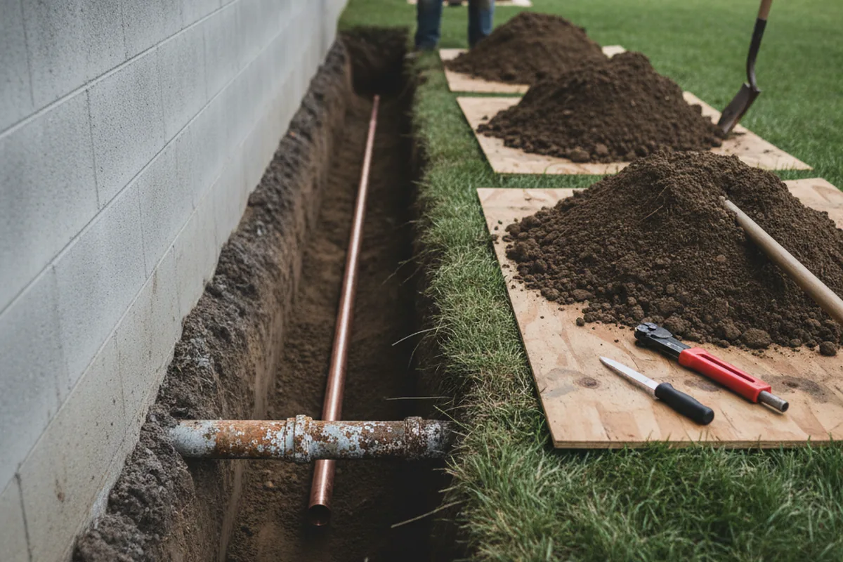 Excavated water line trench during Sewer Line Repair in Shanks